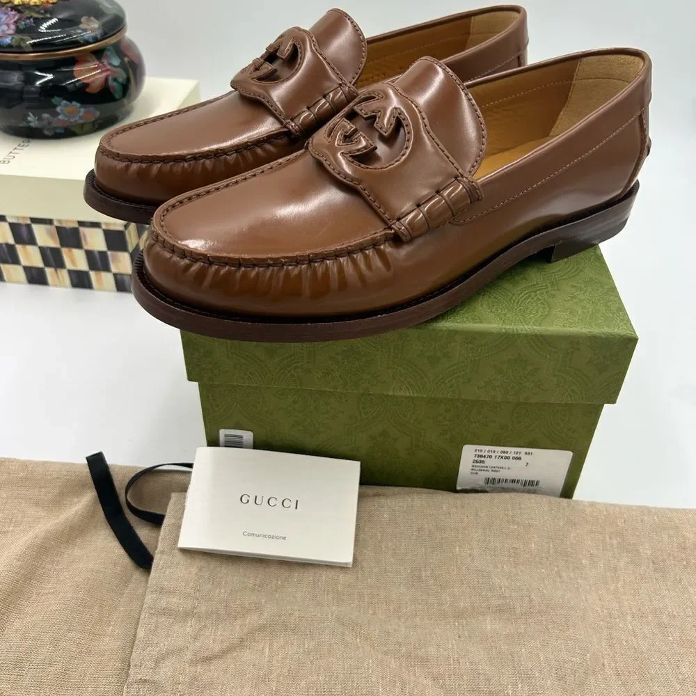 Men's Gucci interlocking G leather loafers size 7 fits eight US made in Italy